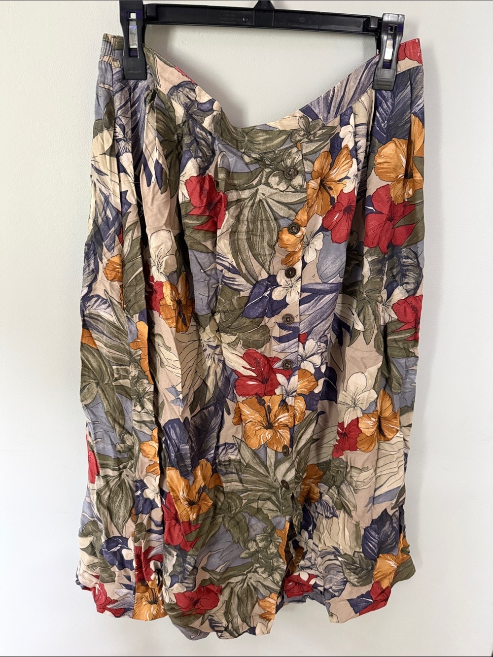 Alfred Dunner Tropical Floral Button-Front Midi Skirt in Red, Gold, Green, Blue